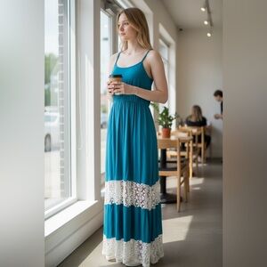 Lady's World Dress Womens Small Teal Blue‎ Crochet Lace Maxi Sundress Boho Beach